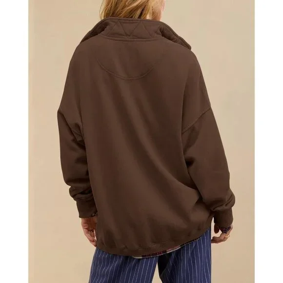 Women's Coffee Oversized Casual Long Sleeve Henley Neck Pullover Sweatshirt - Picture 5 of 6